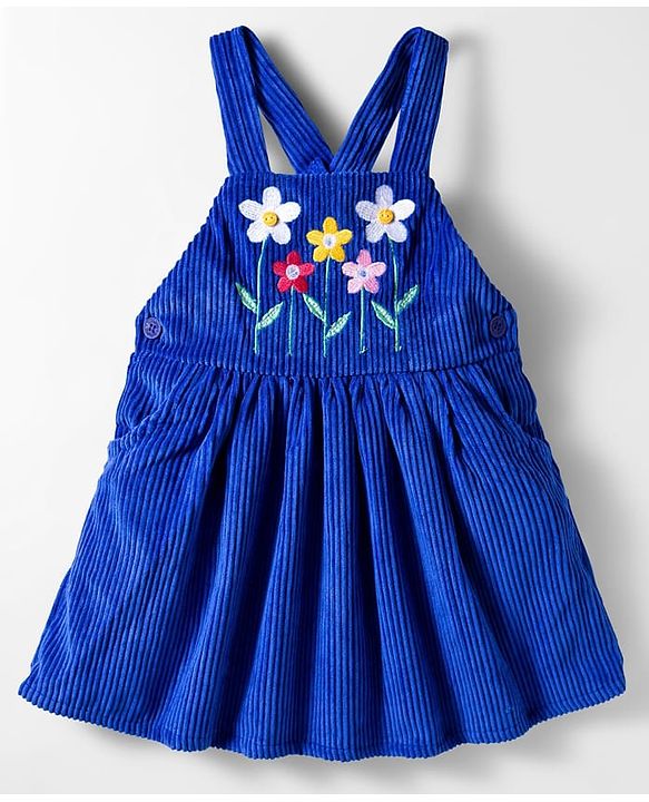 Babyhug Corduroy Woven Floral Embroidered Frock with Full Sleeves Inner Tee & Polka Dot Print - Blue & White