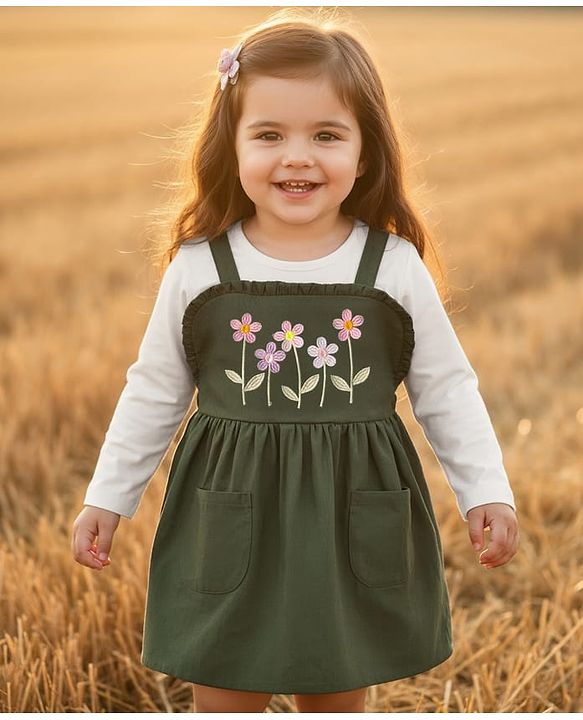 Babyhug Cotton Knit Floral Embroidered Frock with Full Sleeves Inner Tee - Olive Green & White