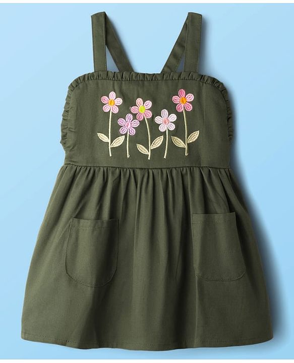 Babyhug Cotton Knit Floral Embroidered Frock with Full Sleeves Inner Tee - Olive Green & White