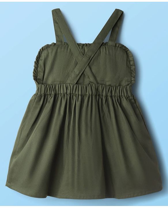 Babyhug Cotton Knit Floral Embroidered Frock with Full Sleeves Inner Tee - Olive Green & White