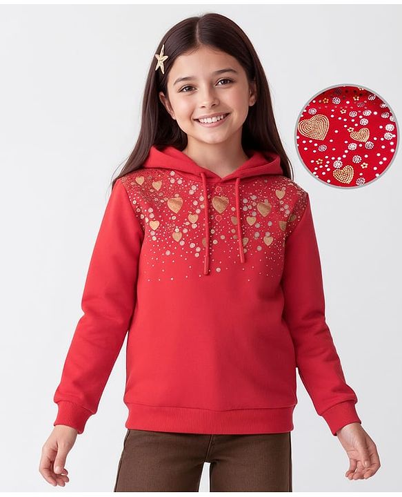 Pine Kids Cotton Knit Full Sleeves Hooded Sweatshirt With Embellishment - Red