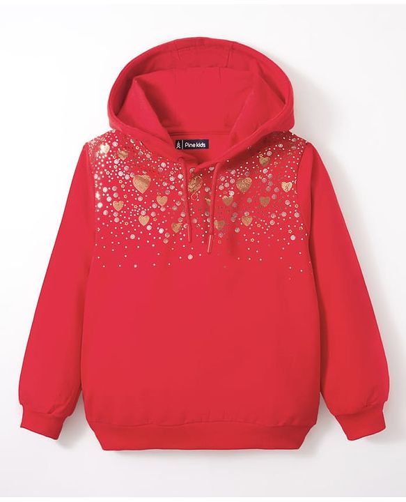 Pine Kids Cotton Knit Full Sleeves Hooded Sweatshirt With Embellishment - Red
