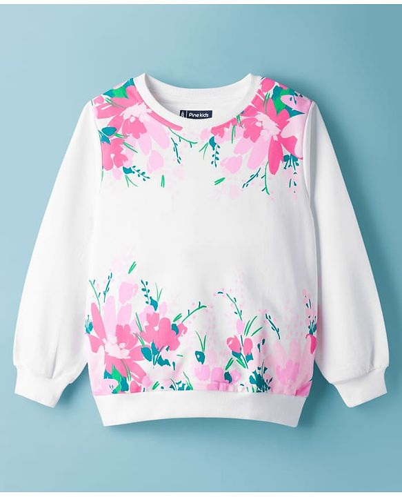 Pine Kids Cotton Knit Full Sleeves Sweatshirt with Floral Print - White