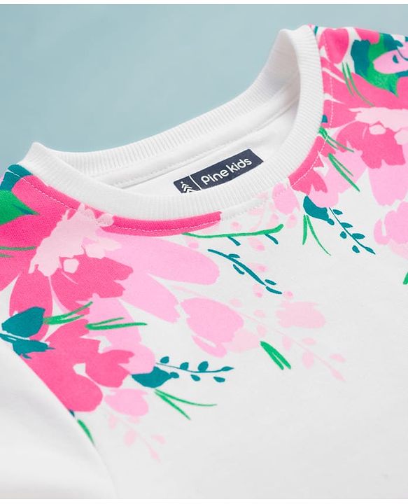 Pine Kids Cotton Knit Full Sleeves Sweatshirt with Floral Print - White
