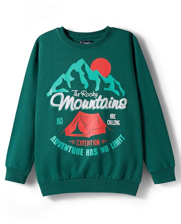 Pine Kids Cotton Knit Full Sleeves Sweatshirt With Mountains Text Print - Dark Green