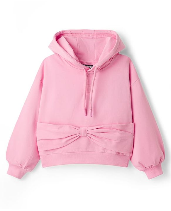 Pine Kids Knit Full Sleeves Hooded Sweatshirt With Bow Applique - Pink