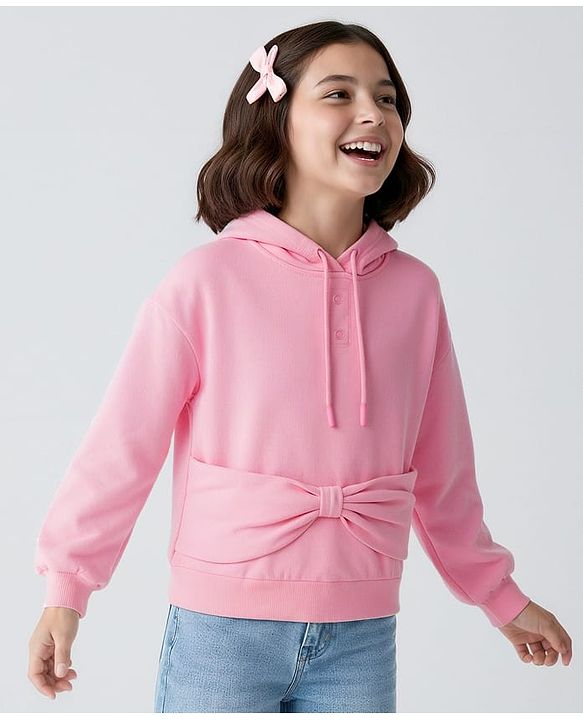 Pine Kids Knit Full Sleeves Hooded Sweatshirt With Bow Applique - Pink
