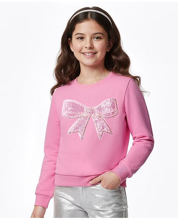 Pine Kids Cotton Knit Full Sleeves Sweatshirt With Sequin Detailing - Pink
