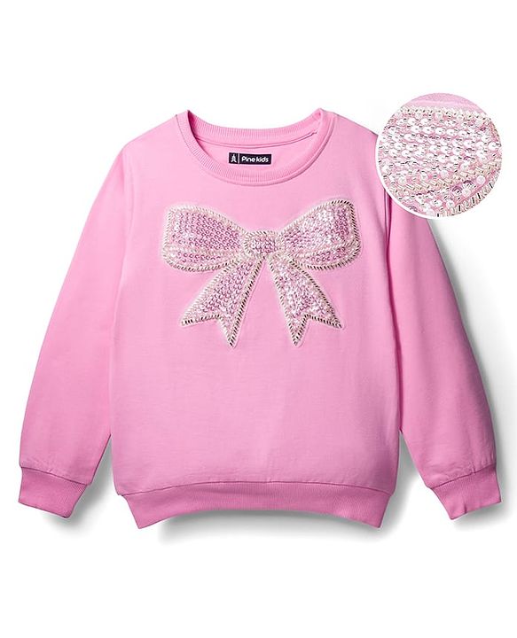 Pine Kids Cotton Knit Full Sleeves Sweatshirt With Sequin Detailing - Pink