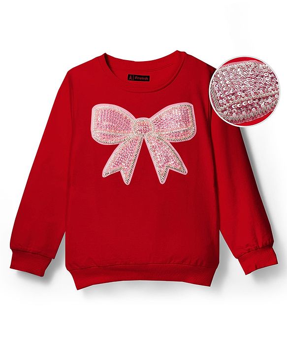 Pine Kids Cotton Knit Full Sleeves Sweatshirt With Sequin Detailing - Red