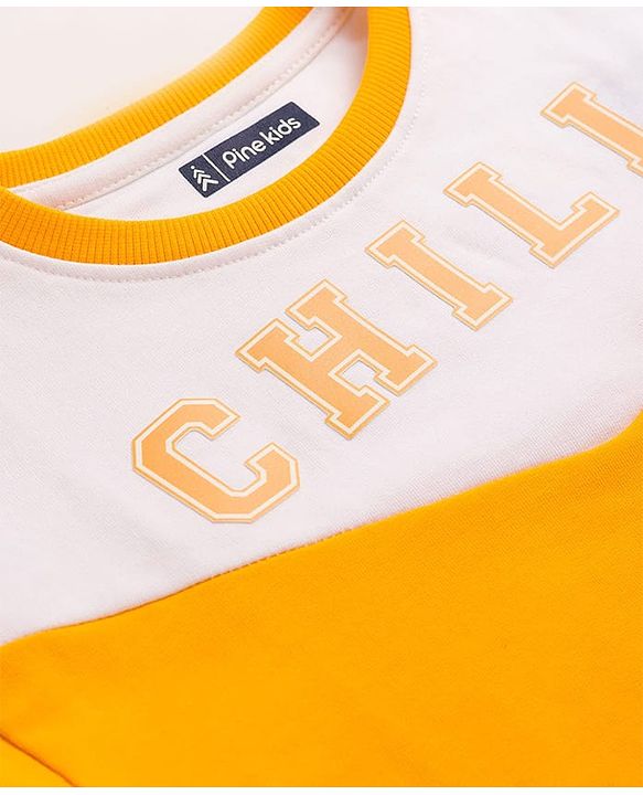 Pine Kids Cotton Knit Full Sleeves Cut & Sew Sweatshirt with Text Graphic - Yellow