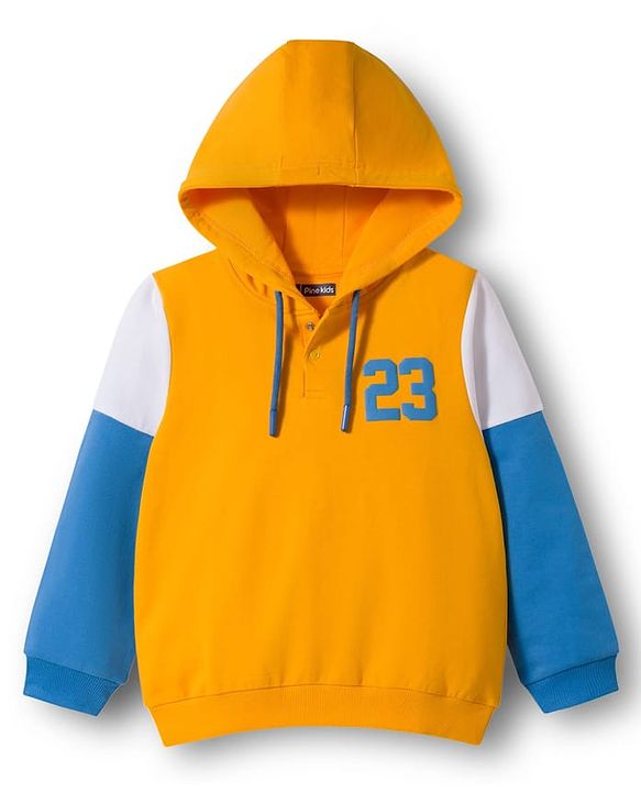 Pine Kids Knit Full Sleeves Hooded Cut & Sew Sweatshirt With 23 Text Design - Yellow & Blue