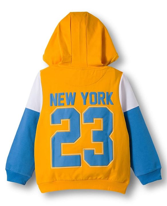Pine Kids Knit Full Sleeves Hooded Cut & Sew Sweatshirt With 23 Text Design - Yellow & Blue