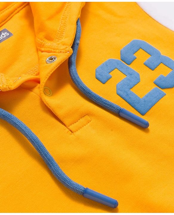 Pine Kids Knit Full Sleeves Hooded Cut & Sew Sweatshirt With 23 Text Design - Yellow & Blue