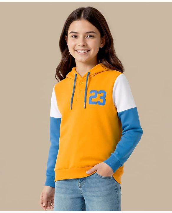 Pine Kids Knit Full Sleeves Hooded Cut & Sew Sweatshirt With 23 Text Design - Yellow & Blue