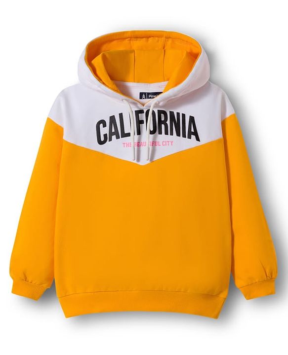 Pine Kids Cotton Knit Full Sleeves Hooded Cut & Sew Sweatshirt With California Text Print - Yellow & White