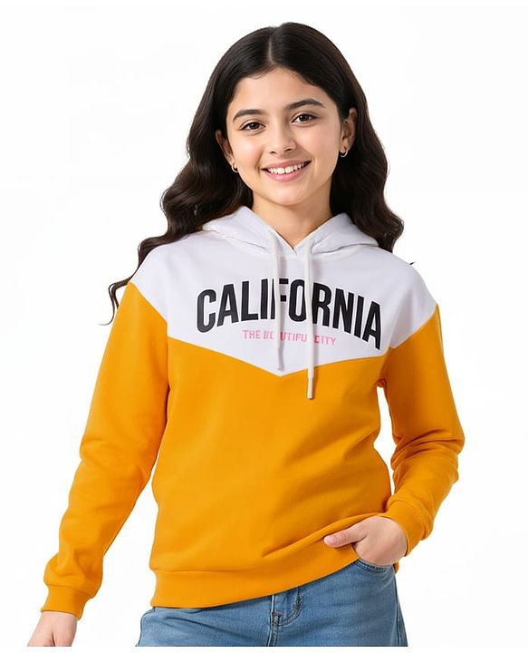 Pine Kids Cotton Knit Full Sleeves Hooded Cut & Sew Sweatshirt With California Text Print - Yellow & White