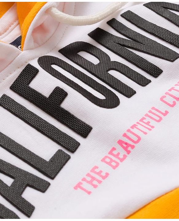 Pine Kids Cotton Knit Full Sleeves Hooded Cut & Sew Sweatshirt With California Text Print - Yellow & White