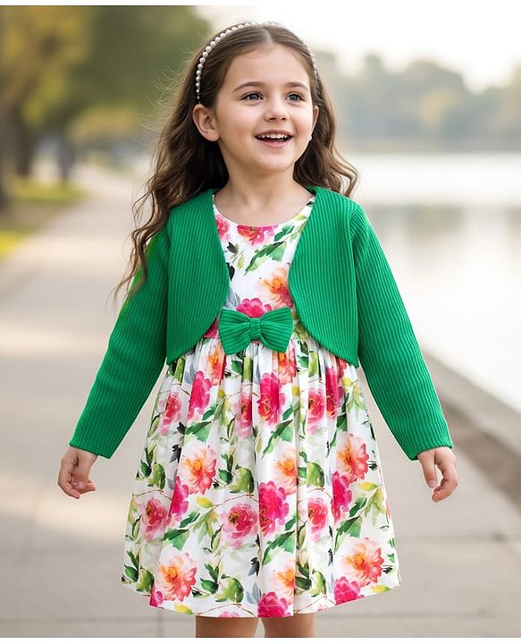 Babyhug Cotton Knit Frock & Full Sleeves Shrug With Floral Print & Bow Applique - White & Green