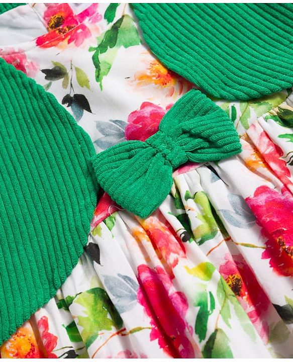 Babyhug Cotton Knit Frock & Full Sleeves Shrug With Floral Print & Bow Applique - White & Green