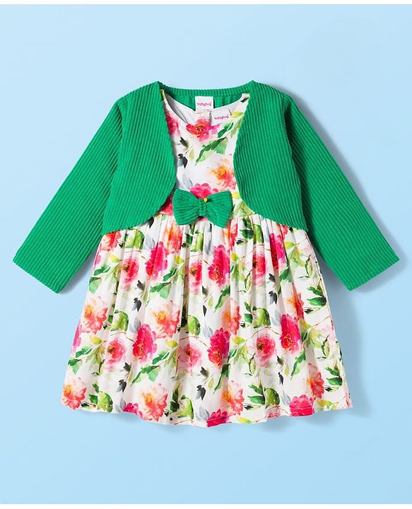 Babyhug Cotton Knit Frock & Full Sleeves Shrug With Floral Print & Bow Applique - White & Green