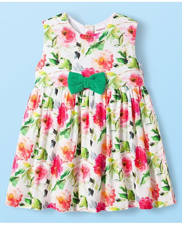 Babyhug Cotton Knit Frock & Full Sleeves Shrug With Floral Print & Bow Applique - White & Green