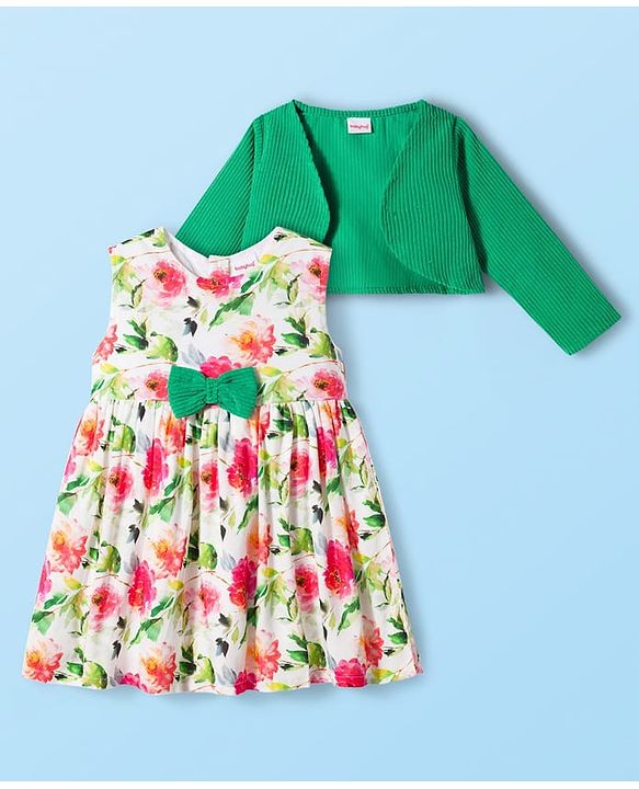 Babyhug Cotton Knit Frock & Full Sleeves Shrug With Floral Print & Bow Applique - White & Green