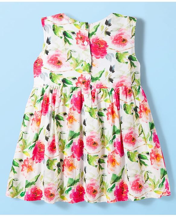 Babyhug Cotton Knit Frock & Full Sleeves Shrug With Floral Print & Bow Applique - White & Green