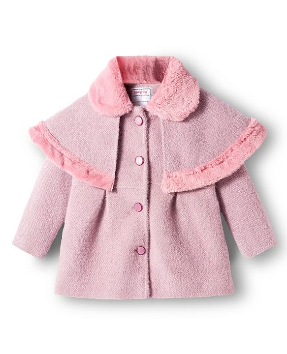 Babyhug Woven Full Sleeves Cape Style Solid Overcoat With Fur Collar - Purple