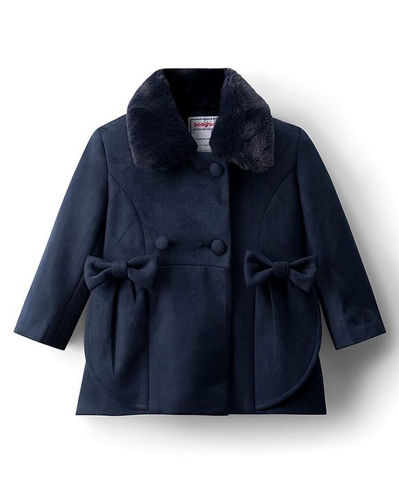 Babyhug Woven Full Sleeves Solid Color Overcoat with Bow Applique - Navy Blue