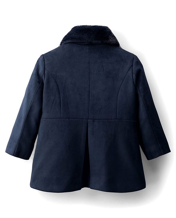 Babyhug Woven Full Sleeves Solid Color Overcoat with Bow Applique - Navy Blue