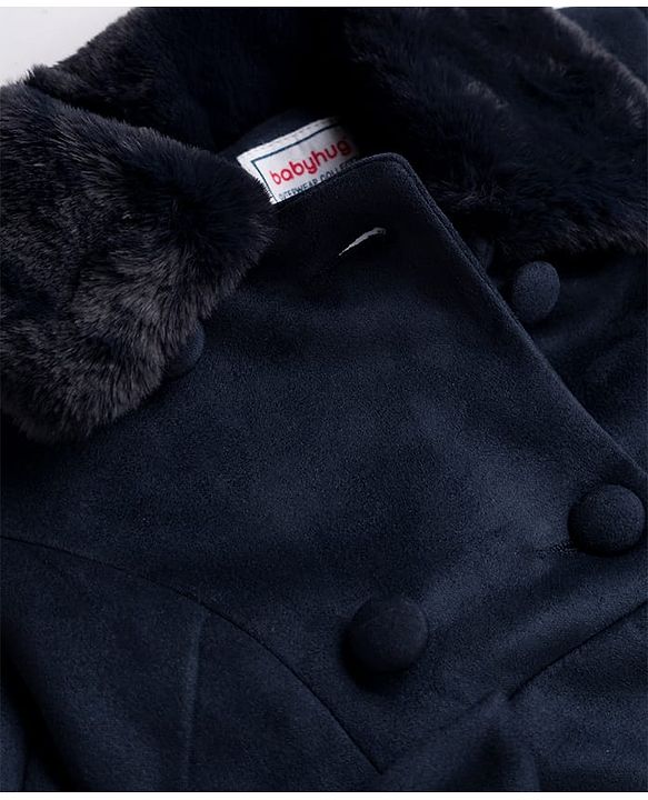 Babyhug Woven Full Sleeves Solid Color Overcoat with Bow Applique - Navy Blue