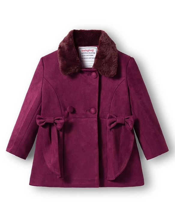 Babyhug Woven Full Sleeves Solid Color Overcoat with Bow Applique - Navy Blue