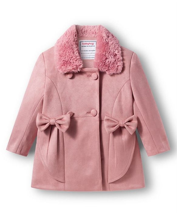 Babyhug Woven Full Sleeves Solid Color Overcoat with Bow Applique - Navy Blue