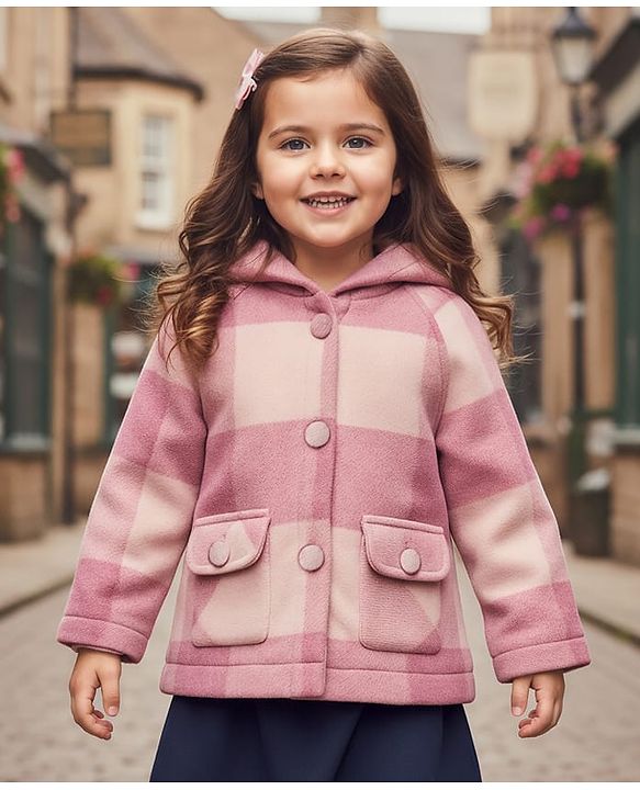 Babyhug Woven Full Raglan Sleeves Checks Hooded Overcoat - Pink