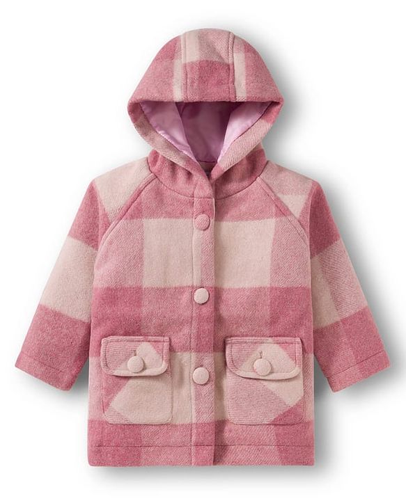 Babyhug Woven Full Raglan Sleeves Checks Hooded Overcoat - Pink