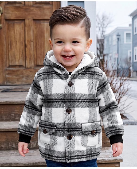 Babyhug Woven Full Sleeves Checks Hooded Overcoat - Black & White