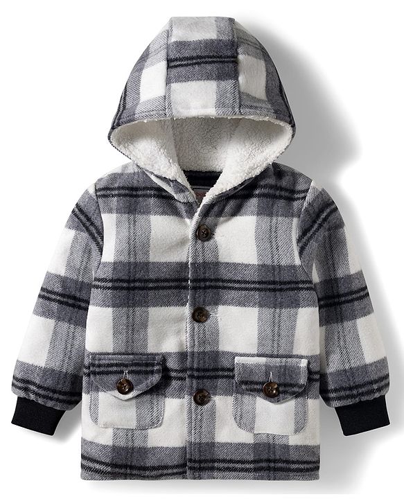 Babyhug Woven Full Sleeves Checks Hooded Overcoat - Black & White