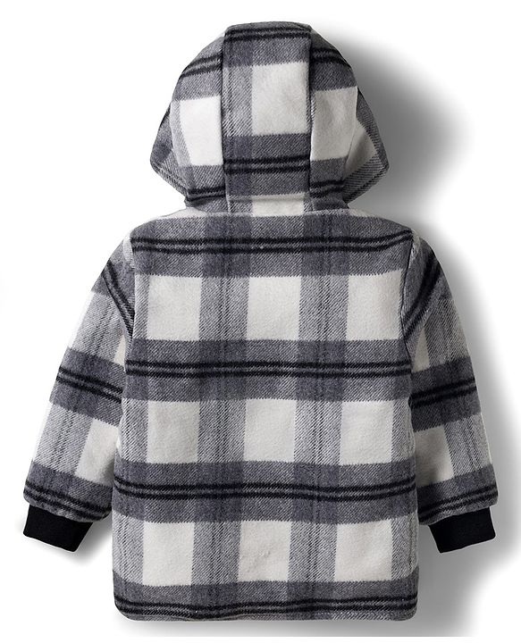 Babyhug Woven Full Sleeves Checks Hooded Overcoat - Black & White