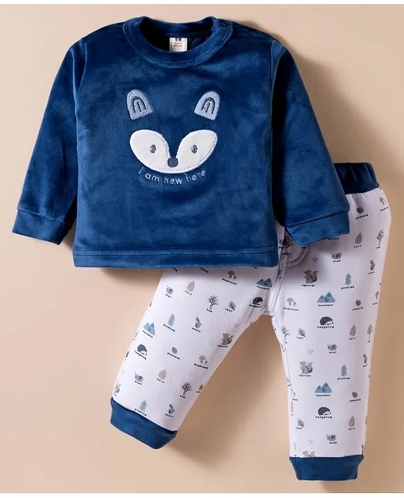 ToffyHouse Fleece Full Length Winter Night Suit with Animal Embroidery