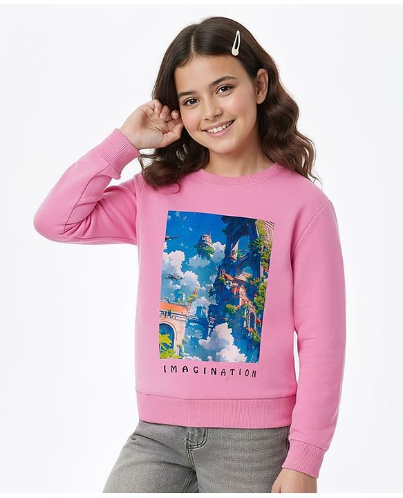 Pine Kids Cotton Knit Full Sleeves Sweatshirt with Imagination Graphic - Pink