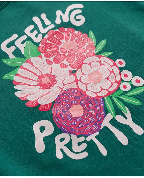 Pine Kids Cotton Knit Full Sleeves Sweatshirt With Feeling Pretty Text & Floral Print - Dark Green