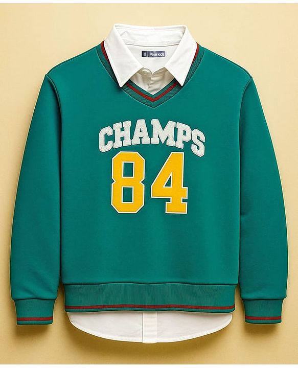 Pine Kids Cotton Knit Full Sleeves Twofer Style Sweatshirt with Text Print - Green