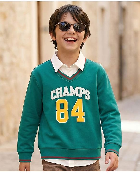 Pine Kids Cotton Knit Full Sleeves Twofer Style Sweatshirt with Text Print - Green