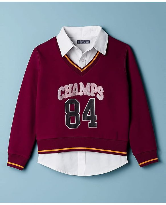 Pine Kids Cotton Knit Full Sleeves Twofer Style Sweatshirt with Text Print - Maroon