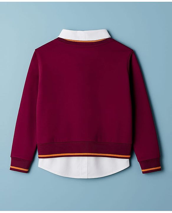 Pine Kids Cotton Knit Full Sleeves Twofer Style Sweatshirt with Text Print - Maroon
