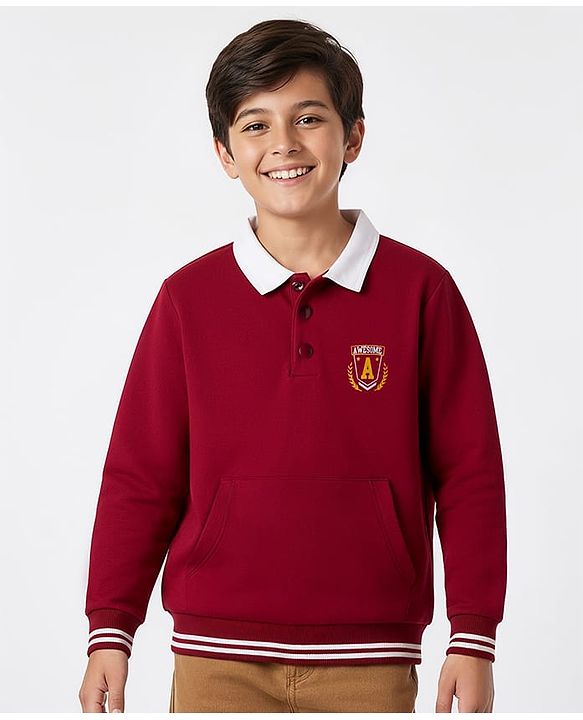 Pine Kids Cotton Knit Full Sleeves Sweatshirt With Awesome Print & Kangaroo Pockets - Dark Red