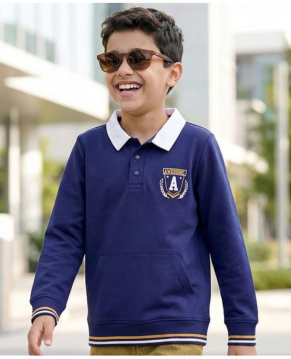 Pine Kids Cotton Knit Full Sleeves Sweatshirt with Text Print & Kangaroo Pocket - Blue