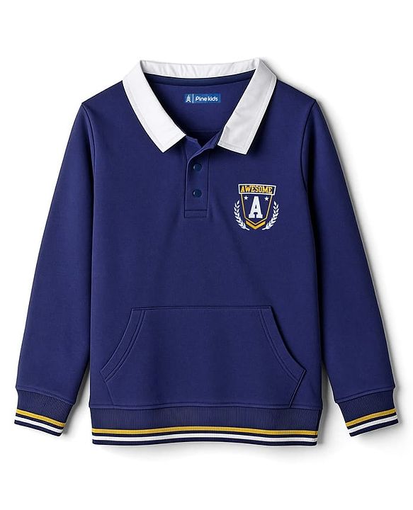 Pine Kids Cotton Knit Full Sleeves Sweatshirt with Text Print & Kangaroo Pocket - Blue