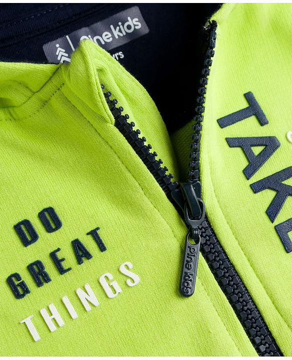 Pine Kids Cotton Knit Full Sleeves Hooded Sweatjacket With Text Print & Kangaroo Pockets - Limegreen